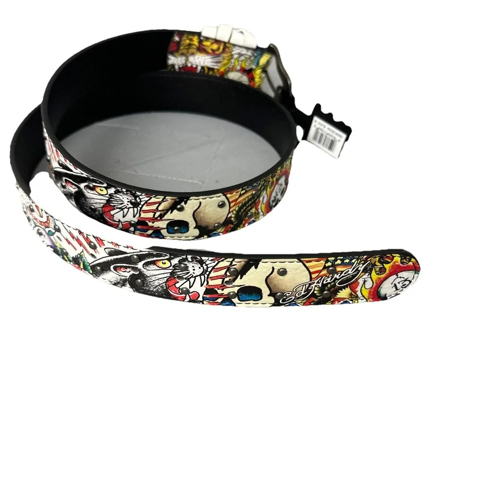 Ed Hardy Men's Skull Tiger Panther Print Belt With‎ Hammered Rivet Studs SZ 38